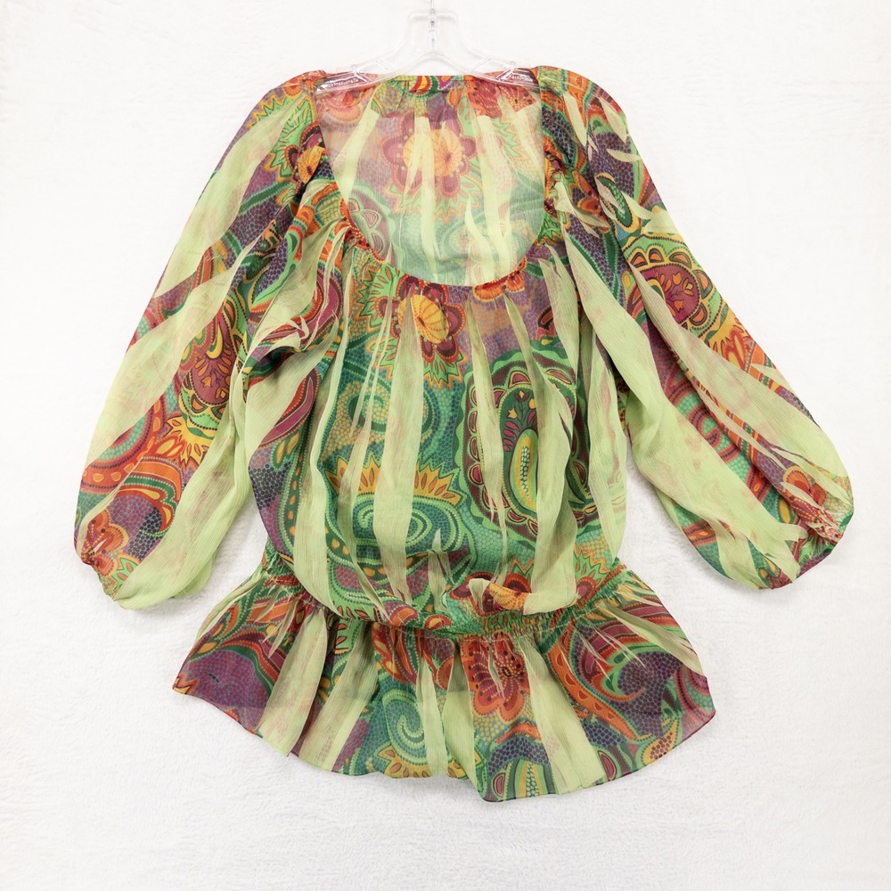 Amore Couture Womens Blouse XL Green Paisley Sheer Smocked Peplum Boho Top